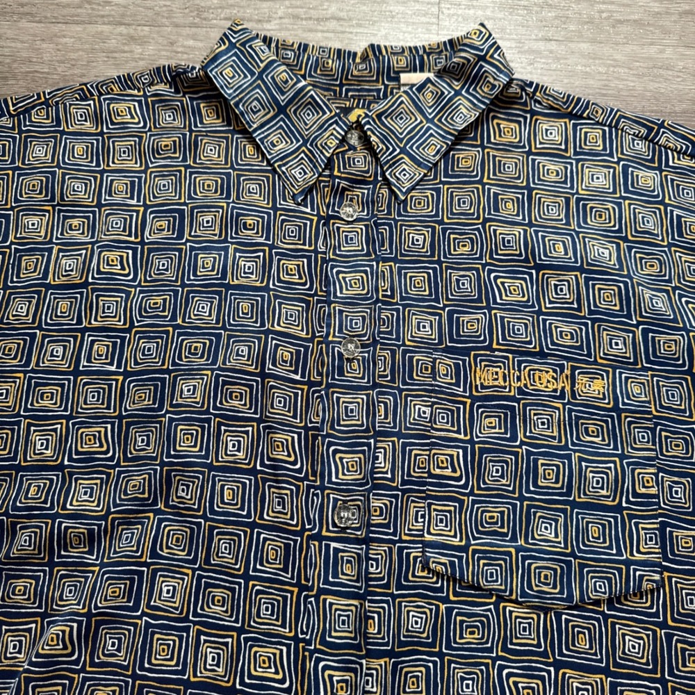 Vintage‎ Mecca USA Shirt Mens XL Blue Geometric Streetwear Hip Hop 90s VTG Y2K